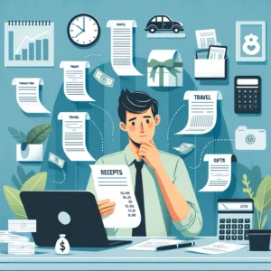 An illustration depicting an entrepreneur surrounded by receipts a calculator, a laptop displaying charts and various icons representing travel expenses