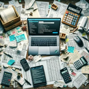 Create an image depicting the concept of common bookkeeping mistakes made by DIY business owners. The image should feature a cluttered desk with a mix of traditional bookkeeping items such as ledgers, calculators, and receipts, alongside modern technology like a laptop displaying error messages. The scene should convey a sense of confusion and overwhelm, with clear visual indicators of mistakes, such as incorrect calculations on paper and a calendar marked with missed deadlines. The overall atmosphere should be chaotic yet relatable to the target audience of DIY bookkeepers and small business owners, emphasizing the need for professional help or greater attention to detail in managing their finances.