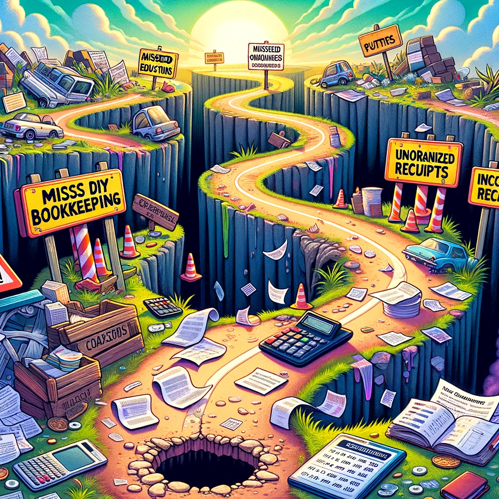 A vibrant and detailed illustration that captures the concept of "Perils of DIY Bookkeeping." The scene is set on a winding road symbolizing the journey of managing one's own finances and bookkeeping. Along the road, there are several pitfalls, each representing a common mistake in DIY bookkeeping. These pitfalls include a large hole labeled "Missed Deductions," another pitfall with a sign that reads "Unorganized Receipts," and a third marked "Incorrect Filings." The road is surrounded by a chaotic landscape of scattered papers, calculators, and financial documents, symbolizing the overwhelming nature of bookkeeping tasks. The atmosphere is a little humorous yet cautionary, highlighting the challenges and potential errors one might face when attempting to manage their finances without professional help.