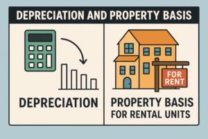 Home Time Business Services infographic explaining rental property basis and depreciation